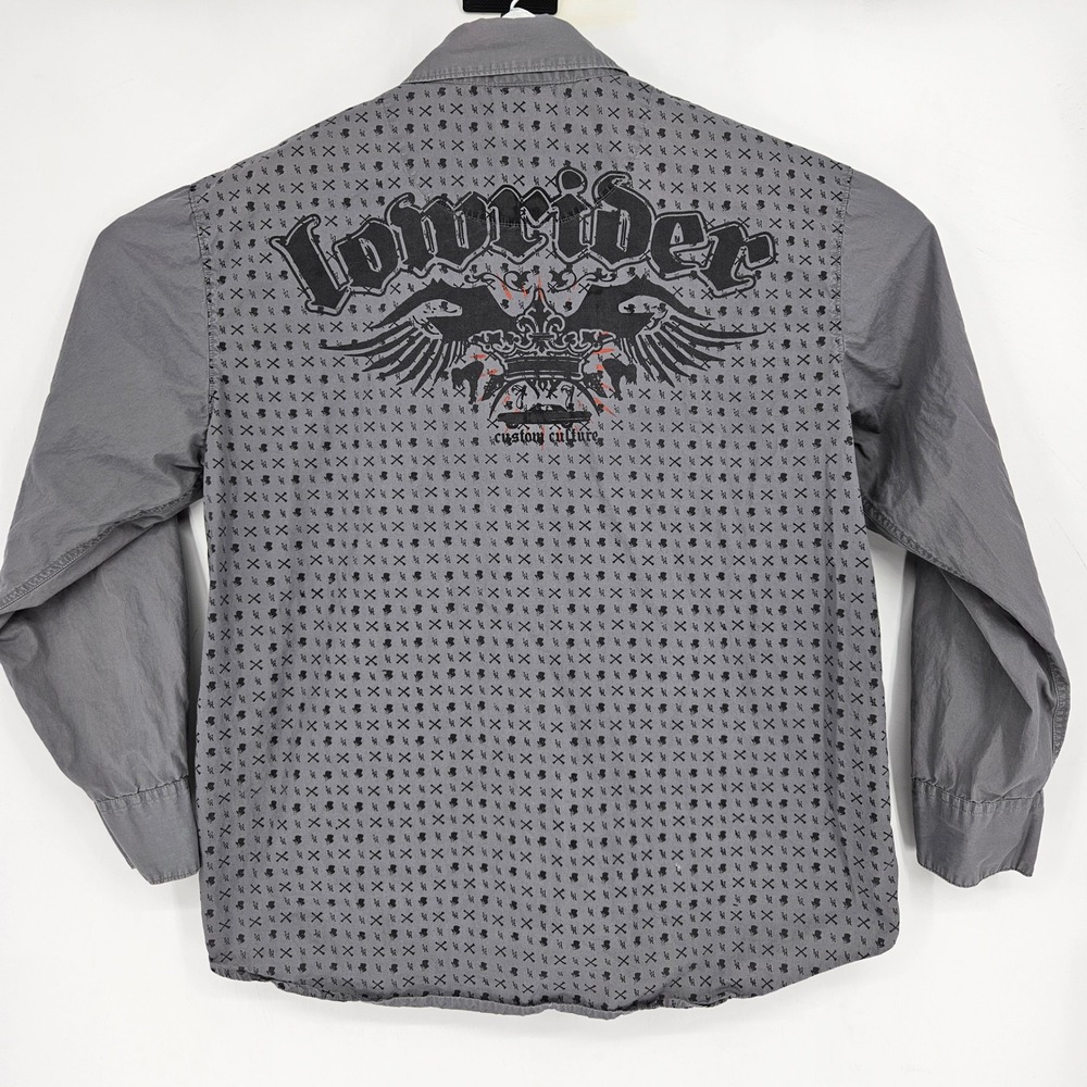 Lowrider Shirt Mens Large Gray Cholo Chicano Custom Culture Button Long Sleeve